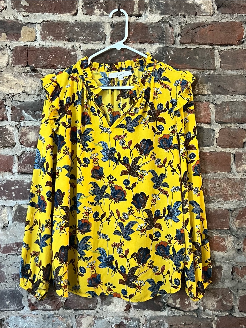 LOFT Yellow Floral Ruffle-Neck Blouse